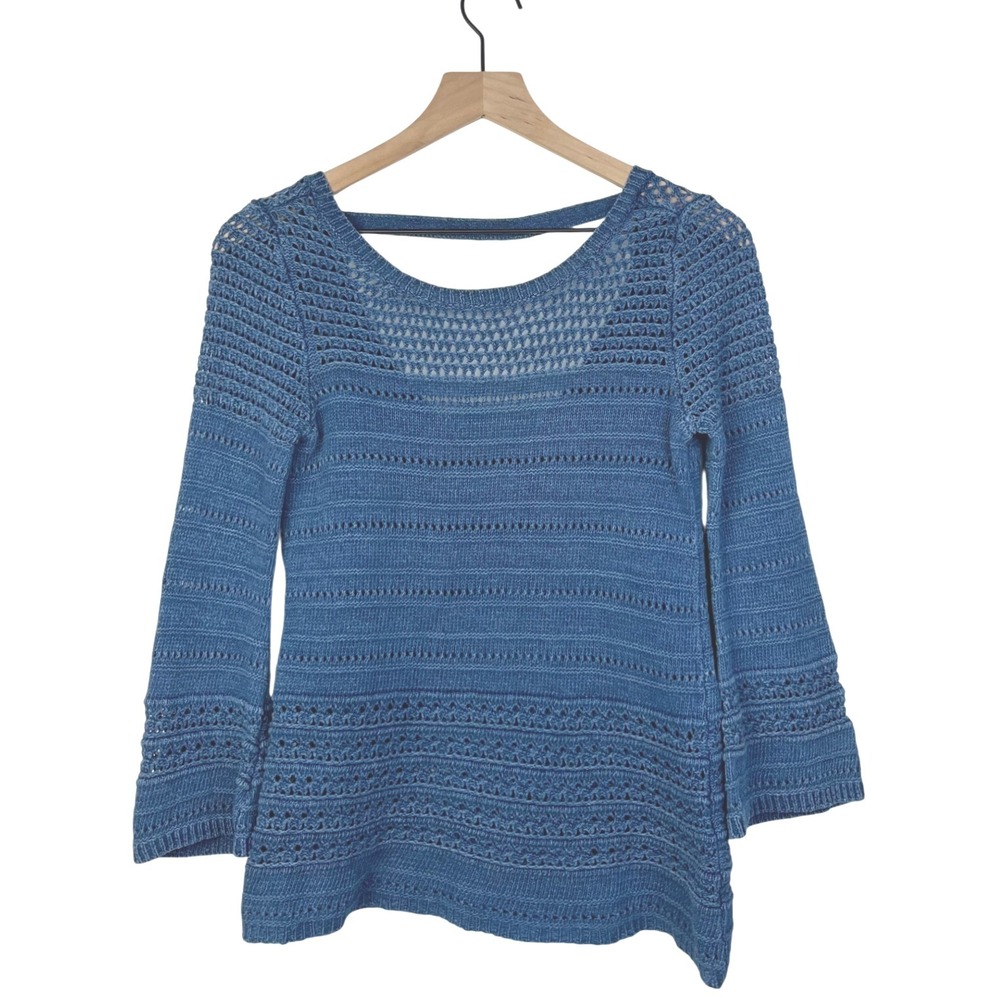 White‎ House Black Market Blue Boho Crochet Knit Bell Sleeve Sweater XXS